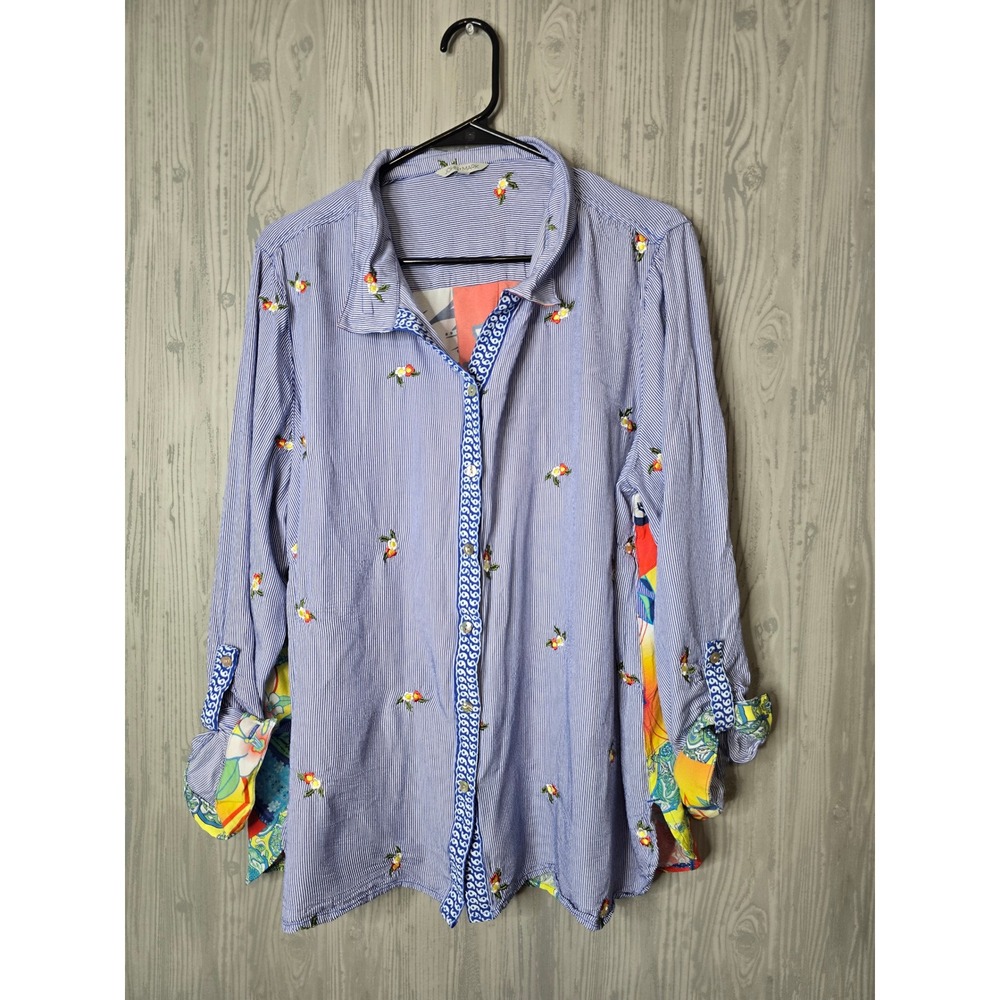 John Mark Shirt Womens 1X Embroidered Patchwork Floral Pinstripe Boho Blue Multi